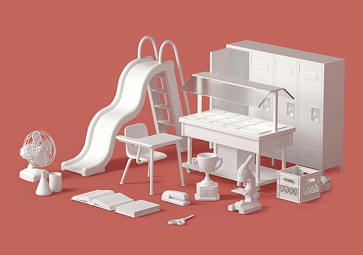 模漾网-45P-GSG-The Happy Toolbox-Schoolhouse-学校设施教具课桌模型预设包