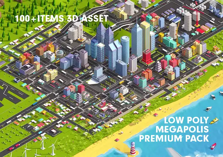 模漾网-低多边形城市C4D模型资产-城市建筑汽车工厂楼宇-Low Poly Megapolis City Pack