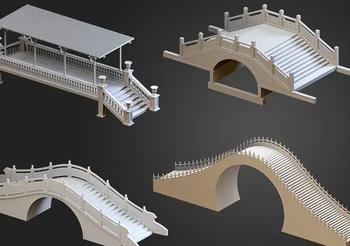 模漾网-64P-拱形桥园林景观小桥桥梁C4D白膜-模型合集