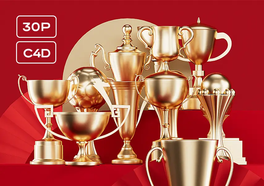 模漾网-30P-荣誉奖杯C4D模型资产-Octane-Model Golden Honor Trophy