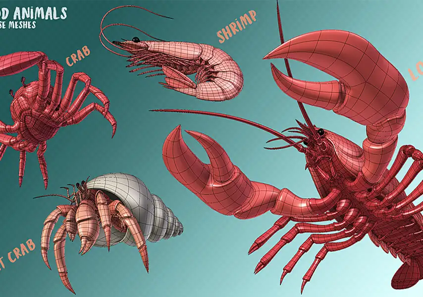 模漾网-4P-螃蟹龙虾寄居蟹C4D模型合集-Blender-Animals Base Meshes