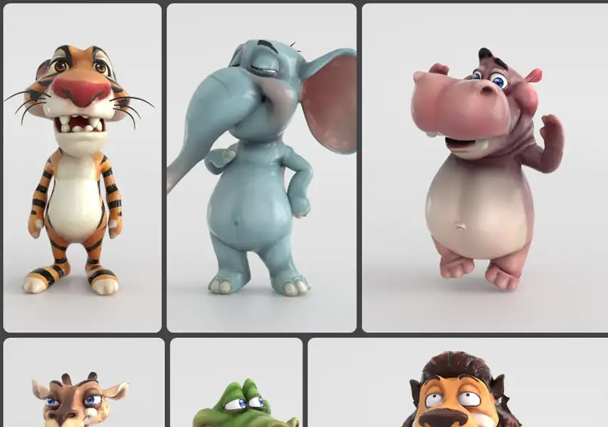 模漾网-6P-动物卡通图标-有骨骼绑定-模型资产