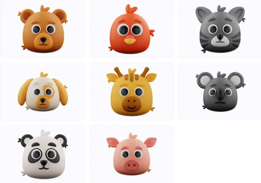 模漾网-10P-动物头像卡通图标-模型