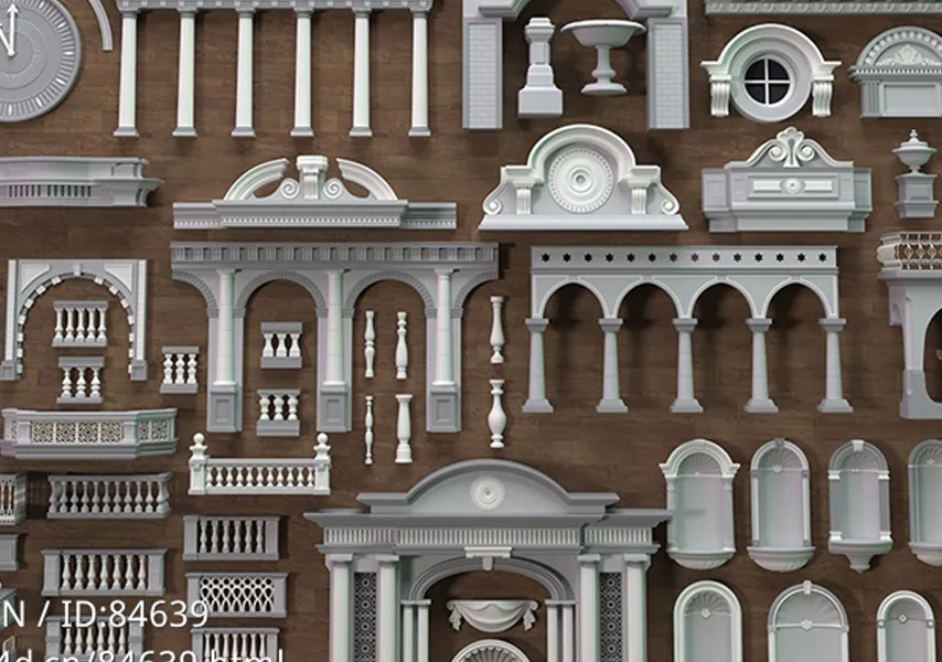 模漾网-88P-欧式拱门柱廊楼梯窗露台栏杆檐饰时钟壁龛花瓶雕塑墙饰元素-建筑模型-Building Facade