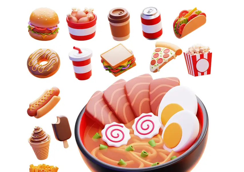 模漾网-15P-汉堡炸鸡披萨冰饮素材游戏动画-萌系餐饮食物模型