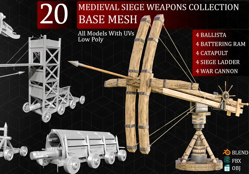 模漾网-20P-中世纪攻城武器弩箭大炮投石机-模型集合