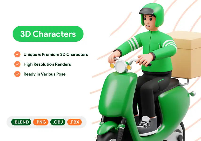 模漾网-11P-人物卡通快递员角色场景-已骨骼绑定-C4D模型