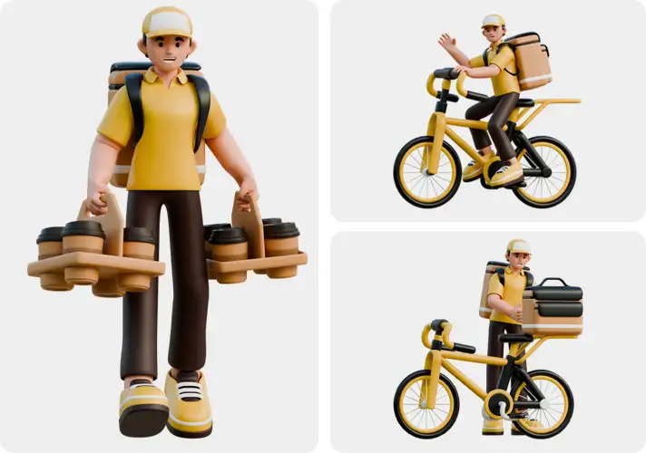 模漾网-10P-咖啡配送员3D Icon图标-人物角色模型