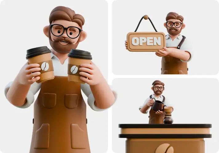 模漾网-17P-咖啡师3D图标-PACK-C4D-模型集合