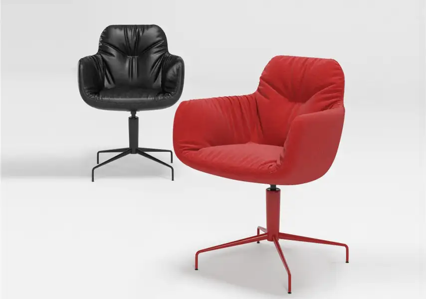 模漾网-1P-黑色皮革红色布艺旋转休闲椅