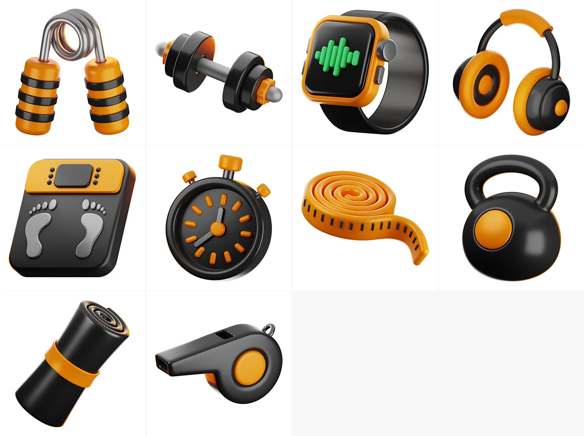 模漾网-10P-卡通健康健身图标-模型合集-Fitness 3D Icon Pack