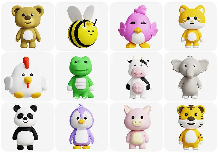 模漾网-20P-卡通动物蜜蜂熊象马兔虎狗鸡狗生肖-3D ICON-模型集合