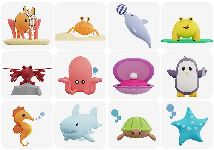 模漾网-22P-卡通海洋动物海豚海龟章鱼-3D ICON-模型集合
