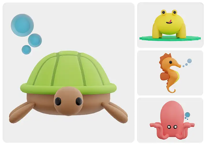 模漾网-22P-卡通海洋动物海豚海龟章鱼-3D ICON-模型集合