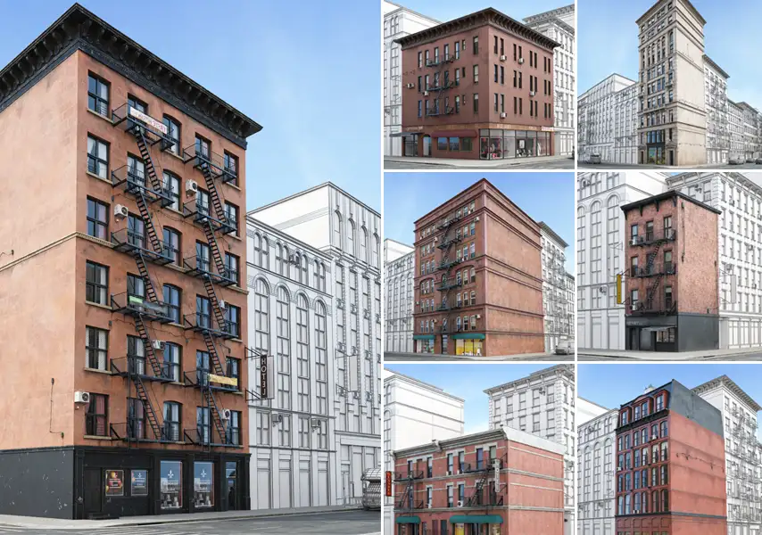 模漾网-57P-36GB-欧式建筑公寓独幢建筑墙面-模型集合