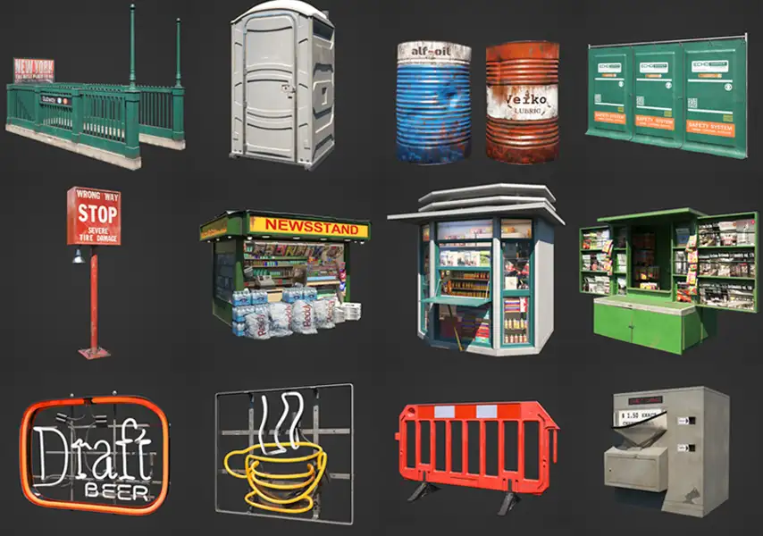 模漾网-96P-街道路标贩卖机水果摊油桶霓虹灯围栏-城市设施-模型合集