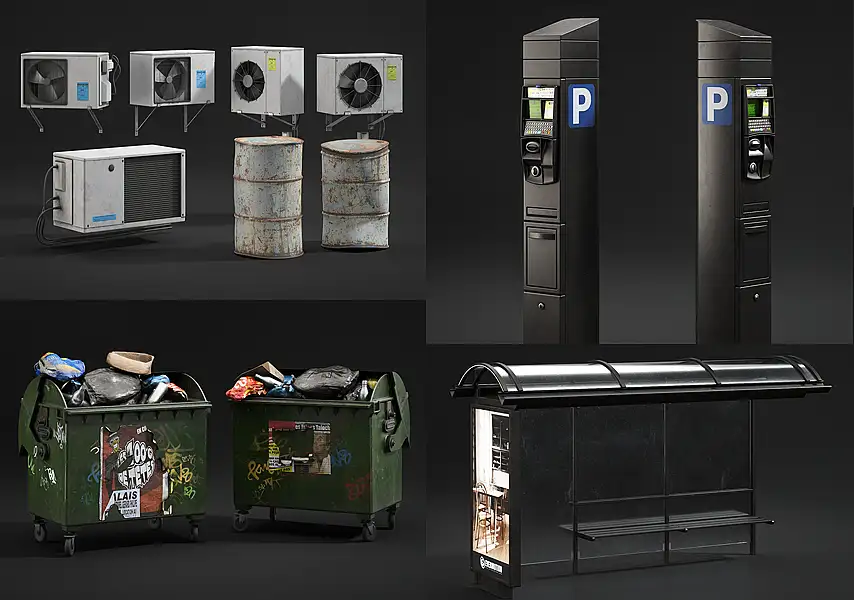 模漾网-72P-城市导视物料站台展示旗刀旗围栏垃圾桶-模型合集