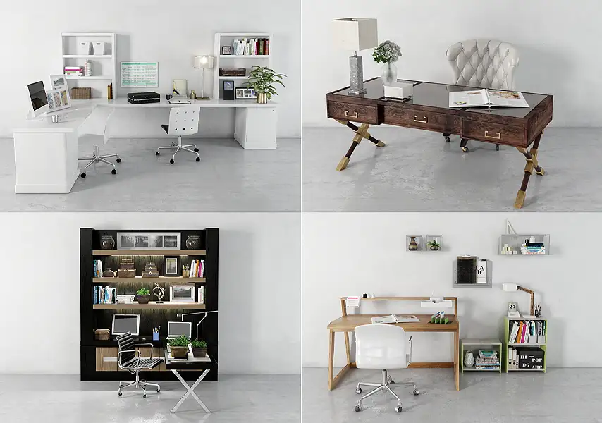 模漾网-32P-家庭办公家具学习书桌工作台室内场景-模型合集