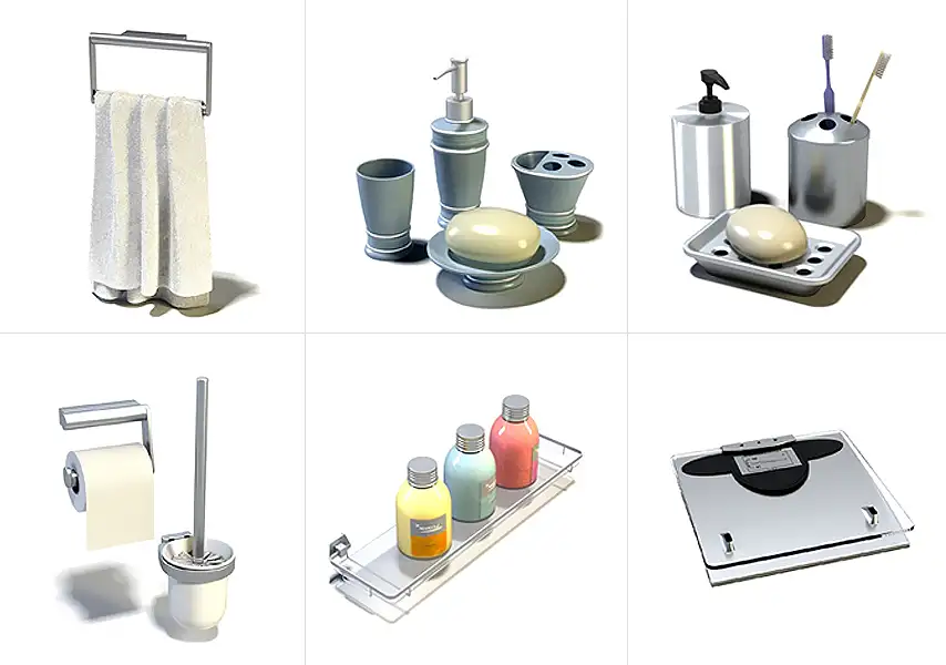 模漾网-70P-浴室毛巾挂纸巾挂洗漱用品香皂沐浴露电子秤-模型合集