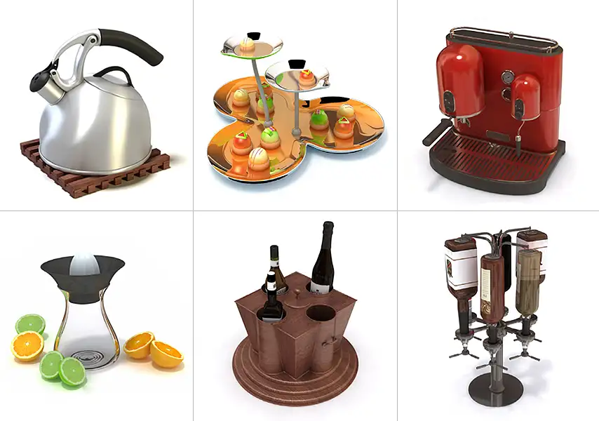模漾网-77P-居家厨房咖啡机榨汁机红酒架水壶碗碟-模型合集