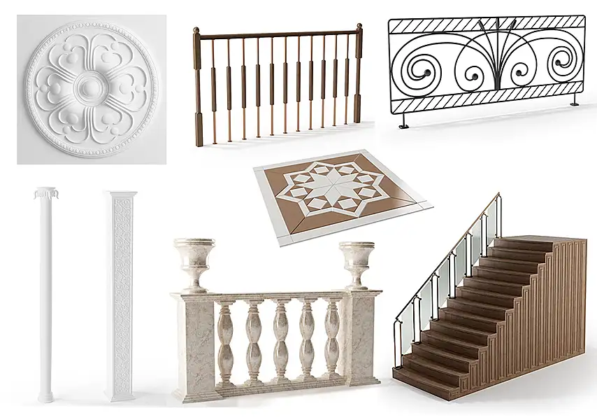 模漾网-154P-建筑装饰石膏边角线阴角线木纹边框石柱地砖铁栏杆楼梯扶手-模型合集