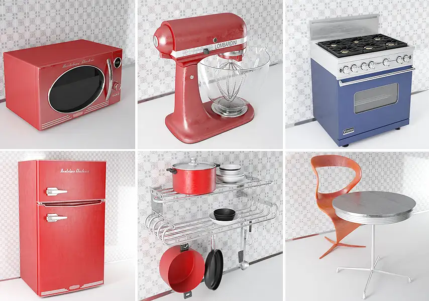 模漾网-44P-家居厨房厨具冰箱水壶烤箱桌椅锅具面包机-模型合集