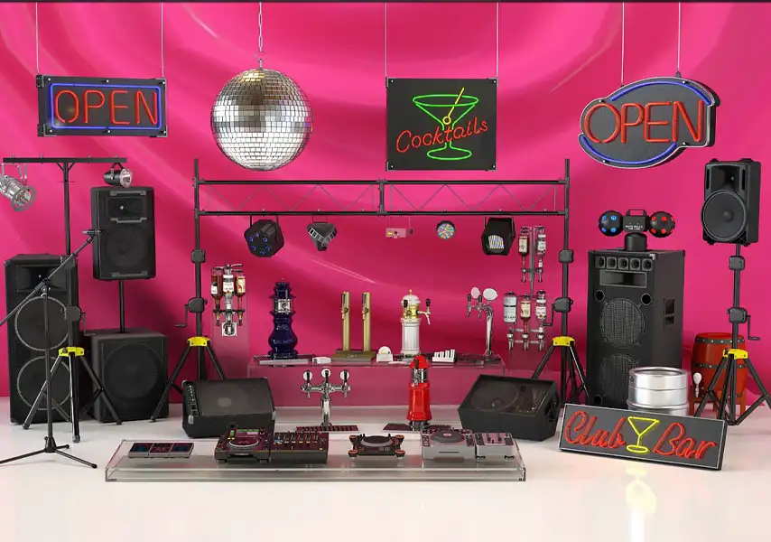 模漾网-62P-酒吧设备与氛围元素啤酒龙头音响酒桶霓虹灯迪斯科球-模型合集