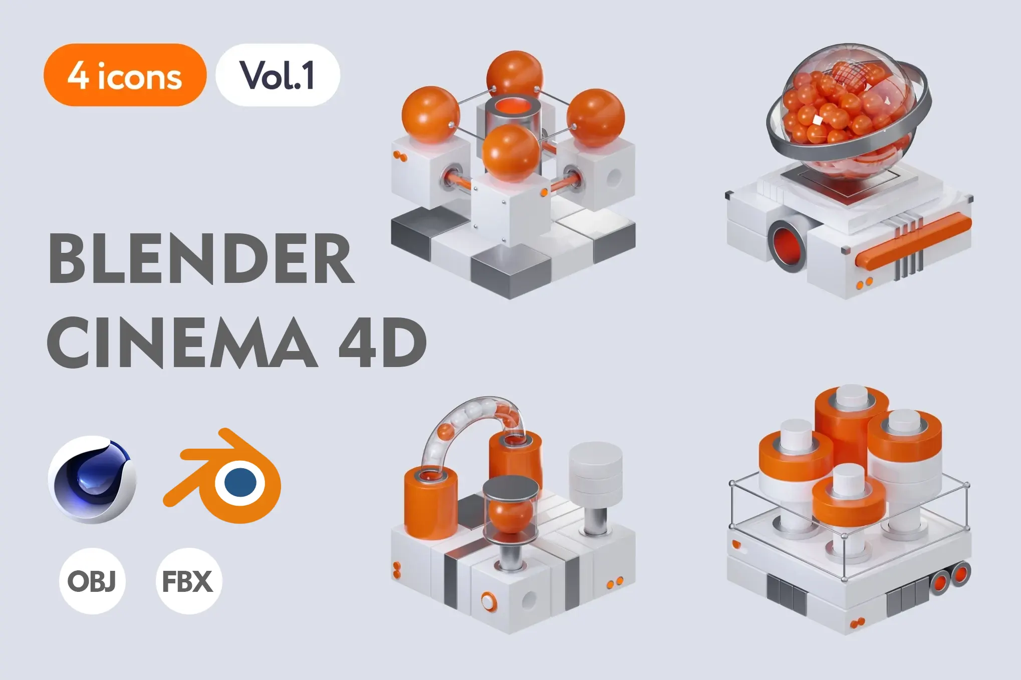 模漾网-4P-技术符号三维几何造型美感细节配色UI-3D Technology-模型合集-Vol.1