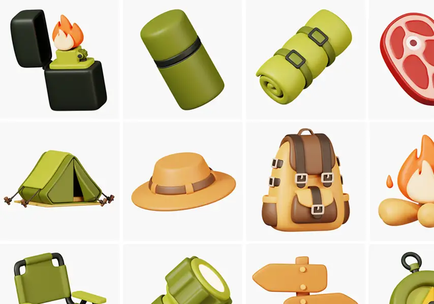 模漾网-20P-户外-野营工具-营地装备-3D图标-3D Icon Pack