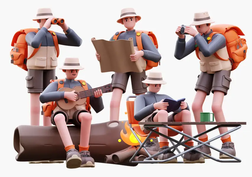 模漾网-10P-户外露营-野外登山徒步营地角色绑定-3D Icon Pack